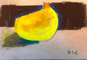 Bodegón de plátano cubista original firmado pequeña pintura pastel en papel 5x8 - Imagen 1 de 3