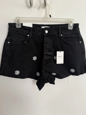 Pantalones cortos de jean negros para mujer Forever 21 con margaritas, talla 31 (talla 12 de EE. UU.), NUEVOS CON ETIQUETAS Foto 1 de 4