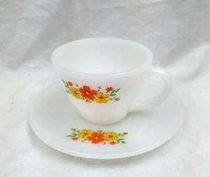 Fire King Coffee Cup & Saucer Set Milk Glass Cosmos Orange Yellow Daisy Pattern - Picture 1 of 4