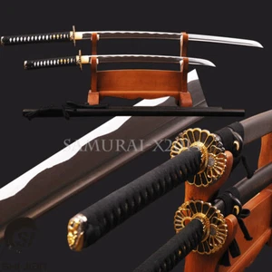 black Katana +wakizashi Japanese samurai swords set Full tang carbon steel sharp - Picture 1 of 12