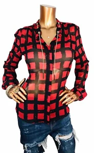 Michael Kors L Top Plaid MK Logo Sheer Shell Lite Wgt Button Up Shirt Red Black - Picture 1 of 12