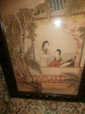 PINTURA CHINA ANTIGUA SOBRE PAPEL RETRATO DE DOS MUJERES/S MADRE HIJA MADERA F Foto 1 de 4