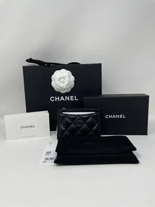Chanel klassische flache so schwarze Kartenhalter Lammfell Leder Geldbörse Neu 24S - Bild 1 von 11