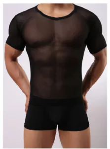 Mens Fishnet Sheer Bondage Fetish Short Sleeve Shirt Undershirt Hollow Out Tops - Picture 1 of 11