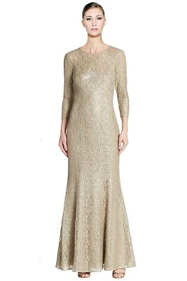 Vestido Trompeta Kay Unger 148350 Encaje Metálico Color Platino Talla 8 Foto 1 de 3