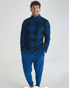 Mens High Street Checked Fleece Blue/Black Soft Warm Pyjamas Lounge Set - Picture 1 of 7