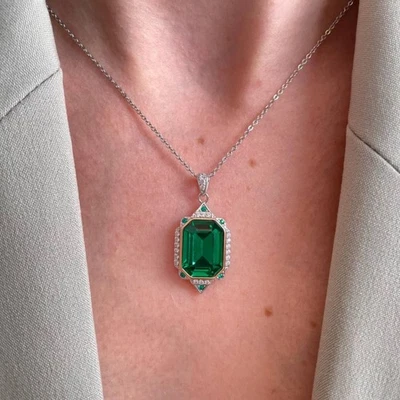 925 Sterling Silber Smaragd Lab Created Edelstein & Zirkonia Damen Anhänger - Bild 1 von 4