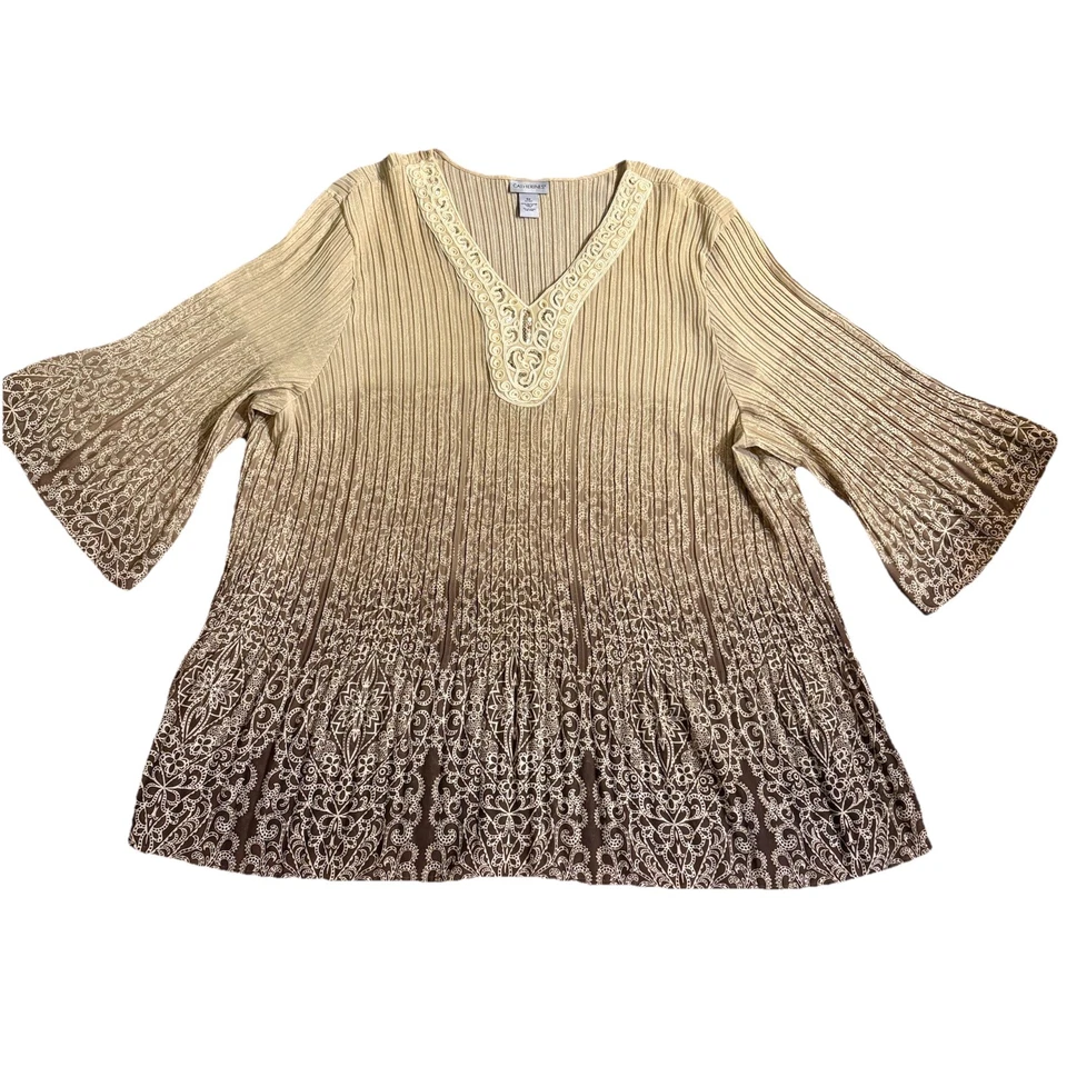 Blusa túnica BOHO Catherines Top 5X beige marrón acordeón aleteo manga campana Foto 1 de 4