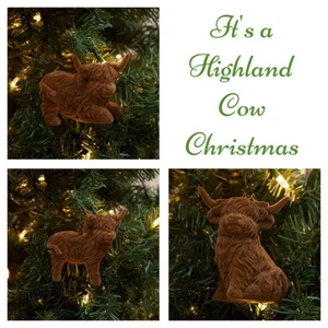 Set 3 Albero di Natale Floccato Mucca delle Highland Marrone Nuovi Ornamenti Resina - Foto 1 di 4