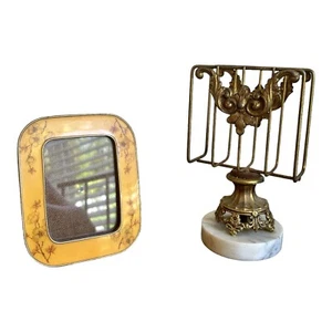 VINTAGE BRASS AND MARBLE NAPKIN/LETTER HOLDER AND YELLOW ENAMEL PICTURE FRAME - Picture 1 of 14