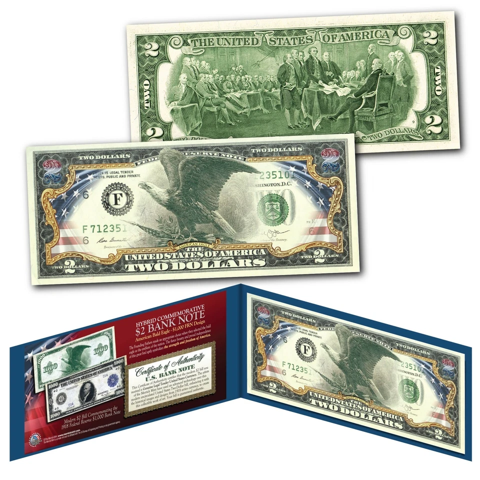 Serie 1918 Soaring Landing American Bald Eagle $1,000 FRN en nuevo billete de $2 de EE. UU. Foto 1 de 1