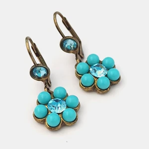 Michal Negrin Earrings Turquoise Blue Flower With Swarovski Crystals Classic Box - Picture 1 of 12