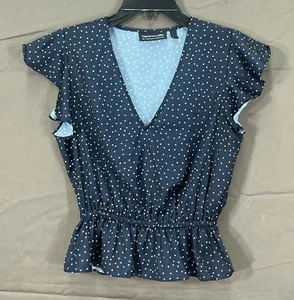 THE FIFTH LABEL Navy POLKA DOTS Poly Satin V-NECK Ruffled PEPLUM Top Blouse XS - Picture 1 of 5