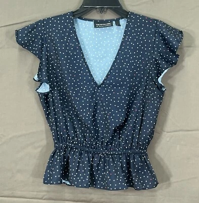 THE FIFTH LABEL Navy POLKA DOTS Poly Satin V-NECK Ruffled PEPLUM Top Blouse XS - Image 1 of 4