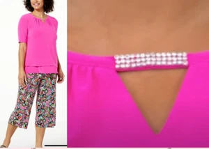 NEU Nina Leonard GR. 3X 2-teiliges SHIRT-Top & Cropped-Hose-Set mit Kristalldetail PINK - Bild 1 von 8
