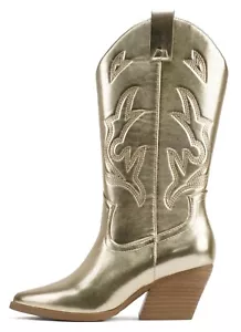 Soda Damen Cowboy Western genäht Absatz Stiefel spitze Zehenpartie mittlerer Schaft ORVILLE Gold - Bild 1 von 5