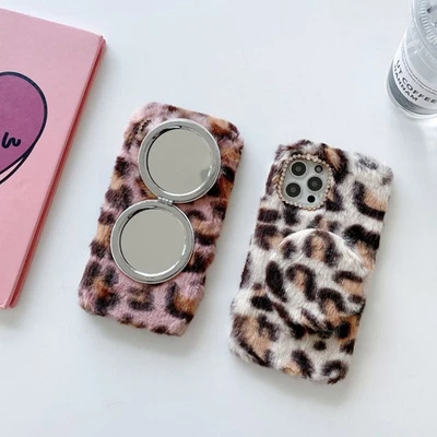Leopard Print Mirror Plush Case For iPhone Samsung Warm Fluffy Phone Cover Stand - Image 1 of 4