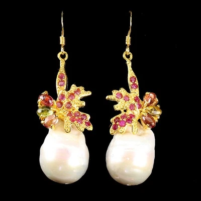 Brincos de prata esterlina 925 turmalina oval 5x3mm pérola rubi joias de pedra preciosa - Imagem 1 de 4