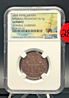 1808 India 10 Cash – Madras Presidency  NGC ⚓ Admiral Gardner Shipwreck 💥 - Image 1 of 4