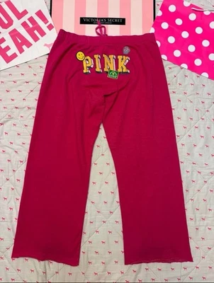 VS PINK VINTAGE Y2K WIDE LEG BOYFRIEND SWEATPANTS PEACE SMILEY PATCH LOGO RARE L - Image 1 of 4