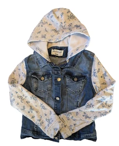Wallflower Girls Jacket Denim w/Gray Knit Fabric Floral Blue Print LS Hood Sz M - Picture 1 of 13