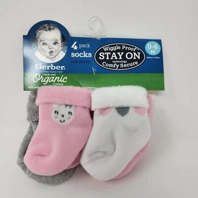 Organic Cotton Gerber Baby Girl Socks 4 Pk Wiggle Proof 0-6 M Pink, White, Gray - Image 1 of 4