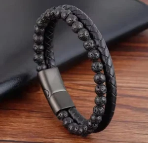 Mens Lava Stone Leather Bracelet Braided Wristband Bangle Punk Beaded Surfer - Picture 1 of 7