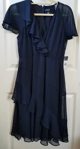 Chaps Ruffled Dress Women's Blue V-Neck Short Sleeve Zipper Closure NWT Size 8 - Picture 1 of 9