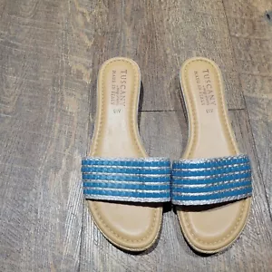 Sandali Tuscany Easy Street blu/argento a righe metalliche slip on 9W flat slide - Foto 1 di 5