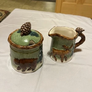 Retro Bico China Cream,Sugar Woodlands  Bears & Moose in the Forest Green Brown - Picture 1 of 9