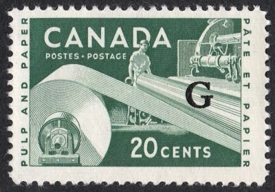 CANADÁ 1956 PULPA Y PAPEL 20¢ SELLO OFICIAL/G, COMO NUEVO MNH, Scott O45, COMPRAR CANADIENSE Foto 1 de 4