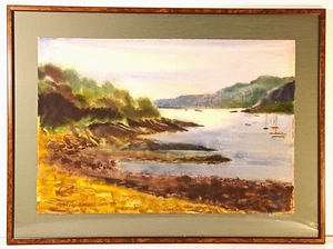 1977 FRANCES BESNER NEWMAN LISTED AMERICAN SIGNED ORIGINAL W/C SHORELINE w BOATS - Picture 1 of 7