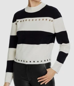 $805 The Kooples Women White Black Stripe Long-Sleeve Mock-Neck Eyelet Sweater 2 - Picture 1 of 3