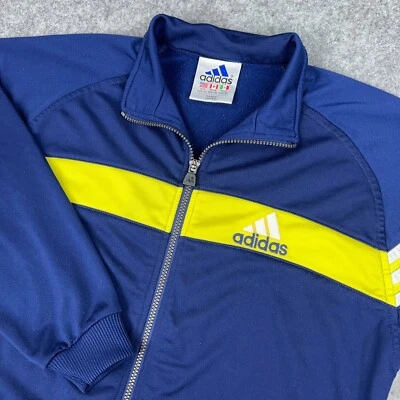 复古阿迪达斯田径夹克女式大号蓝色黄色三叶草全拉链 80 年代 90 年代复古 — 第 1/4 张图片