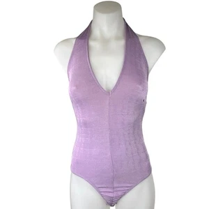 Princess Polly Purple Metallic Knit Halter V-neck Backless Thong Bodysuit Top 2 - Picture 1 of 5