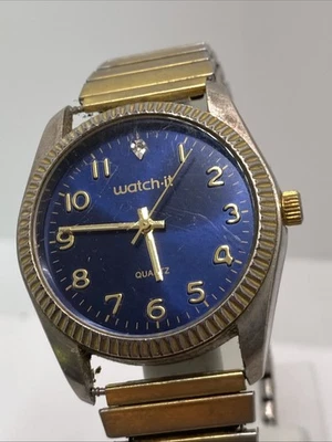 Reloj elástico vintage Watch It para hombre plateado dorado funciona batería nueva Foto 1 de 4