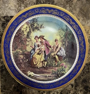Plato Decorativo Limoges Francia Azul Cobalto - Borde Dorado - Niño Niña - 12 1/2" - Imagen 1 de 7