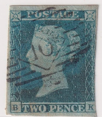 1841 GB Queen Victoria 2d Blue – Plate Letters B K – Numeral 10 Alresford - Image 1 of 2