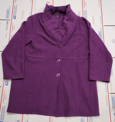 Chaqueta Abrigo ALFANI Púrpura 100% Lana Merino Talla 3X Cuello con Volantes Abotonada Para Mujer Foto 1 de 4