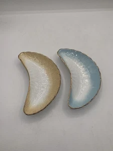 2 Vintage Feather Crescent Bone Dishes Unmarked Yellow & Blue - Picture 1 of 6