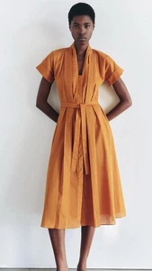 VESTIDO CAMISERO ZARA NARANJA MIDI CINTURÓN COLECCIÓN ZW SIN FORRO TALLA L 2183/246 NUEVO - Imagen 1 de 8