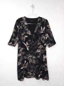AllSaints Kleid Größe 14 Kota Amare schwarz Blumen Vogel kurz Sommer Mini Knöpfe - Bild 1 von 13