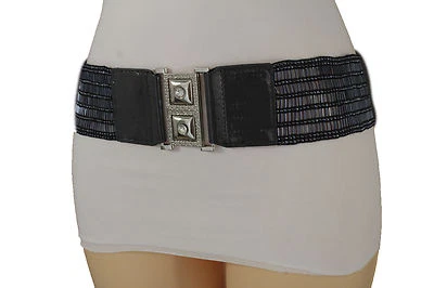 Donna Blu Navy Elastico Perline Cintura Moda Fianchi Vita senza Tempo S M L - Immagine 1 di 4