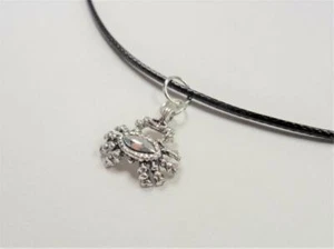 BEACH FASHION NAUTICAL SILVER TONE CRAB VIN & SUE BLACK LEATHER CORD NECKLACE - Picture 1 of 5