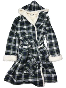LL Bean Robe Womens L Sherpa Lined Tartan Plaid Blue Green Hooded Flannel 38" L - Picture 1 of 22