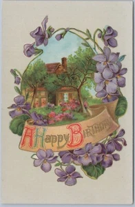 Postal de feliz cumpleaños en relieve, púrpura violeta casa postal - Imagen 1 de 2
