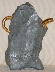 Pottery teapot, artisan made and signed. Made to look like rock, gold colored - Picture 1 of 3
