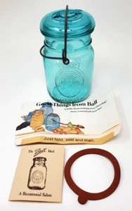 Vintage Ball Canning Jar Blue Pint Bicentennial Celebration Ring Salute Envelope - Imagen 1 de 12