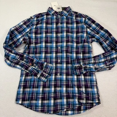 Stone Rose Shirt Men's 2 Blue Purple Plaid 100% Cotton Long Sleeve Button-Up - Image 1 of 4