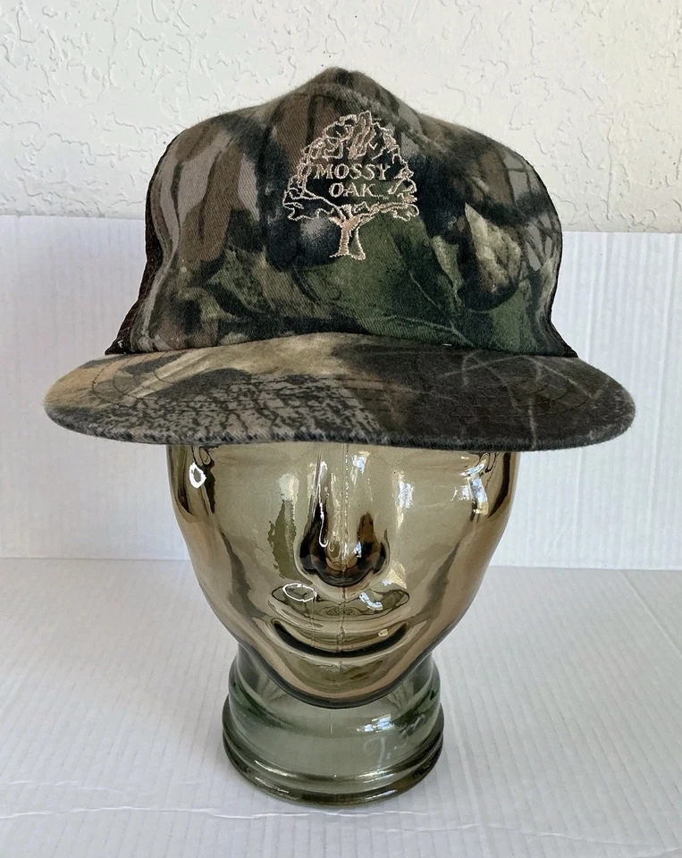 复古 Mossy Oak 迷彩帽子缝制标志平沿网眼布美国制造罕见 — 第 1/4 张图片